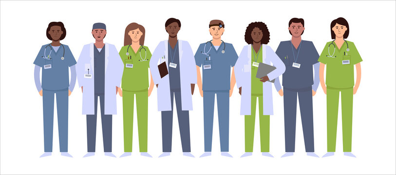 A diverse group of medical professionals. Nurse, doctor, caregiver, surgeon, physician.
