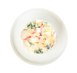Delicious salad with fresh crab sticks on white background, top view