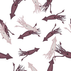 Isolated seamless pattern with hand drawn beige and brown colored squids. White background.
