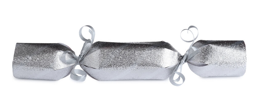 Shiny Silver Christmas Cracker Isolated On White, Closeup