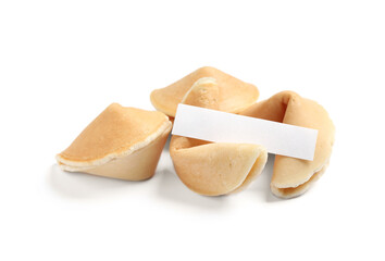 Traditional fortune cookies with prediction on white background