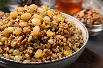 Traditional Christmas slavic dish kutia in bowl, closeup