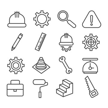 Set of international labor day or industry tool icon. Construction concept in modern outline isolated on white background