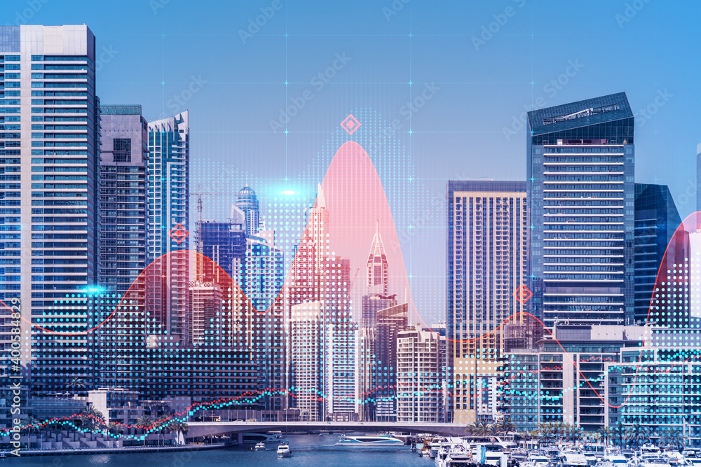 Poster skyscrapers of dubai business downtown. international hub of trading and financial services of weste