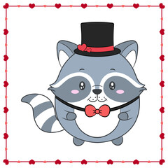 happy valentines day cute racoon boy drawing post card with hearts