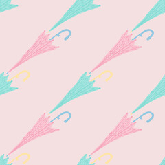 Tender seamless pattern with fashion blue and pink umbrella elements. Light pink background.