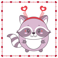 happy valentines day cute racoon boy drawing post card with hearts