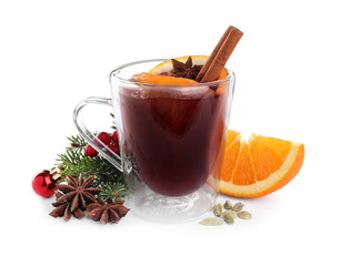 Aromatic mulled wine and ingredients on white background