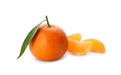 Fresh tangerines with green leaf on white background