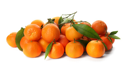 Fresh ripe tangerines  with green leaves on white background
