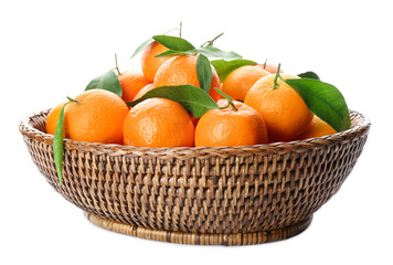 Fresh tangerines in wicker bowl on white background