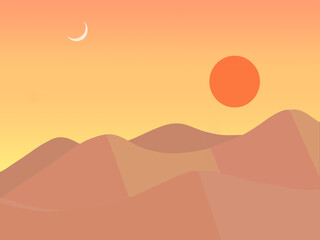 Desert mountain with the sun and the moon in the orange scene.