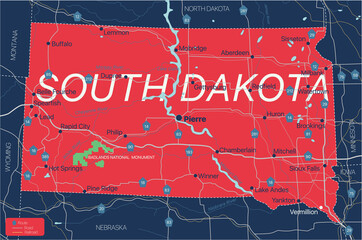 South Dacota state detailed editable map with cities and towns, geographic sites, roads, railways, interstates and U.S. highways. Vector EPS-10 file, trending color scheme © olinchuk