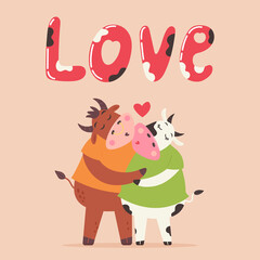Couple in love bull and cow kiss. Farm animal love. Happy Valentine's day card. Modern vector flat hand-drawn illustration