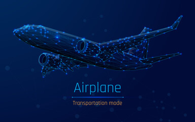 Polygonal commercial airliner. Flying passenger or cargo plane. Travel or air freight concept. wireframe. vector illustration.
Low poly air transport model. dark-Blue background. plexus, triangle, dot - obrazy, fototapety, plakaty