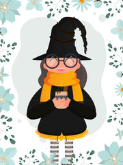 Naklejka premium Girl in black suit and hat holding a cup with hot drink. Cute witch with mulled wine. Halloween concept. Vector.