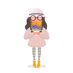 A cute girl in a hat and glasses holds flowers in her hands. Suitable for the design of postcards and books. Isolated. Vector illustration.
