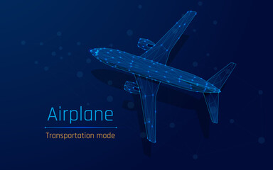 Polygonal commercial airliner. Flying passenger or cargo plane. Travel or air freight concept. wireframe. vector illustration.
Low poly air transport model. dark-Blue background. plexus, triangle, dot - obrazy, fototapety, plakaty