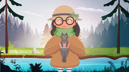 Naklejka premium A cute girl in a hat and glasses stands in the forest and holds a small cat in her arms. Vector illustration.