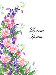 Watercolor floral greeting card. Blue monkshood, pink rose and openwork field flower with green leaves on a white background. It can be used when creating greeting cards.