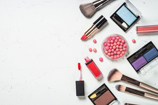 Make up products. Professional cosmetics at white background. Flat lay image.