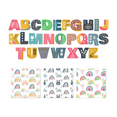 scandinavian alphabet and seamless pattern set cute fantasy clipart black white collection isolated element