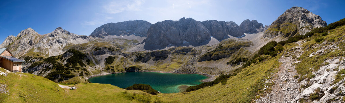 Panorama of high mountain lake Drachensee, Mieming mountains in Tyrol, Austria