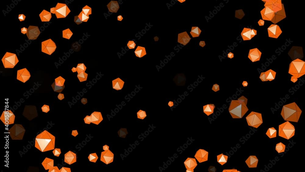 Poster abstract particles of a yellow polyhedron rotate in outer space on a black background. 3d illustrati