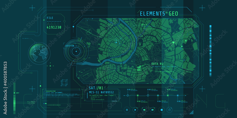 Poster design of a futuristic software interface for tracking geo-position.