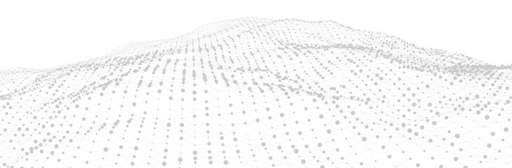 White 3d line landscape. Gray wireframe surface. Topographic particles array. Vector background