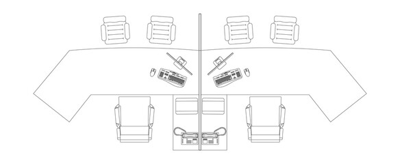Image of office cubicle and workstation from above in 2D CAD drawing. Drawing in black and white. Employee desks are placed in groups to facilitate work in teams
