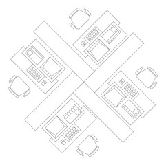 Image of office cubicle and workstation from above in 2D CAD drawing. Drawing in black and white. Employee desks are placed in groups to facilitate work in teams
