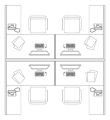 Image of office cubicle and workstation from above in 2D CAD drawing. Drawing in black and white. Employee desks are placed in groups to facilitate work in teams
