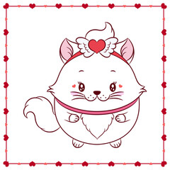happy valentines day cute cat drawing post card with hearts