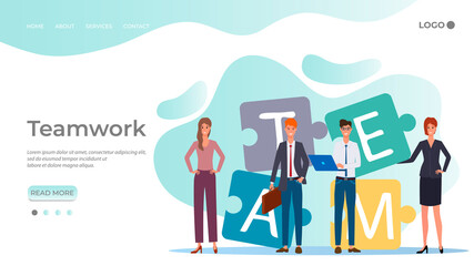 Team,teamwork.People stand against the background of the puzzle elements.The concept of partnership, cooperation and business activity.The template of the landing page.