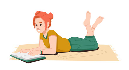Teenage girl lying on floor reading book isolated flat cartoon character. Vector redhead schoolgirl with textbook doing homework, relaxing with interesting novel. Female person with literature