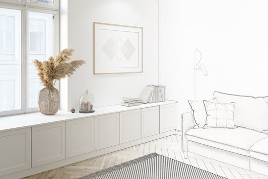 The sketch becomes a bright room with a horizontal poster above the bookcase, pampas grass in a wicker basket near the window, a modern lamp near the sofa with pillows, a carpet on the floor.3d render