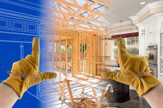 Framing Hands With Gloves Over Kitchen Drawing, Construction Framing and Finished Build