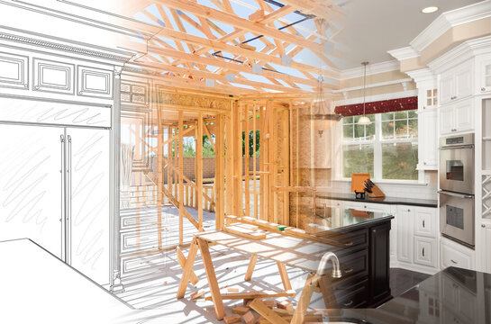 Kitchen Blueprint Drawing Gradating Into House Construction Framing Then Into Finished Build