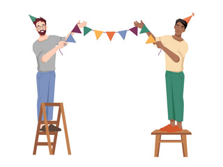 Guys hang holiday flags on rope, preparations to birthday party, caucasian and afro american guys on chairs in cone caps isolated. Vector people organizing celebration banquet, anniversary greetings
