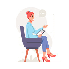 Female character holding clipboard, sitting in chair and talking. Psychologist woman speaking to client or patient about life problems, anxieties and fears. Medical help and support. Vector in flat