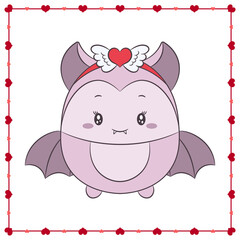 happy valentines day cute bat drawing post card with hearts