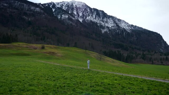 Man Enjoys Walking near Scenic Mountain Peak - Stanserhorn. Ennetmoos Switzerland Europe