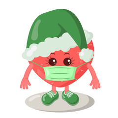 Cute kawaii strawberry with sneakers, christmas hat and medical protective mask. Colored isolated vector illustration in flat design with shadows	