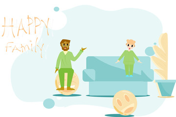 Concept happy time, happy family. A father who is sitting with his daughter  In the living room.  Family holiday.  Flat style vector illustration for content  Holiday joy lifestyle family 
