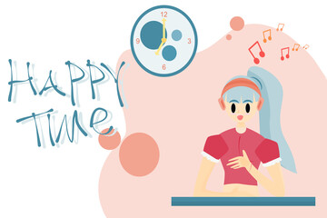 Concept happy time, lifestyle relax. A girl wearing headphones Sitting listening to music with a happy attitude, taking a break on vacation. Flat style vector illustration for content Happy moments