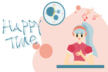 Concept happy time, lifestyle relax. A girl wearing headphones  Sitting listening to music with a happy attitude, taking a break on vacation.  Flat style vector illustration for content  Happy moments