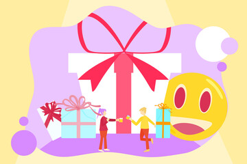 Concept happy new year’s, happy time. Young men and women are having a drink to celebrate at a party with gift boxes in the back.  Flat style vector illustration for  New Year content, joy festival 