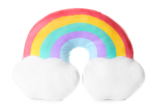 Soft Pillow In Shape Of Rainbow On White Background