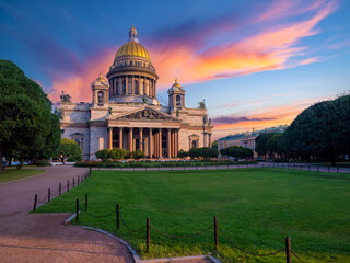 Beautiful sky over Saint-Petersburg. Cities of Russia. St. Isaac Cathedral at sunset. Trip to the Russian Federation. Summer in Saint Petersburg. Business card of St. Petersburg.